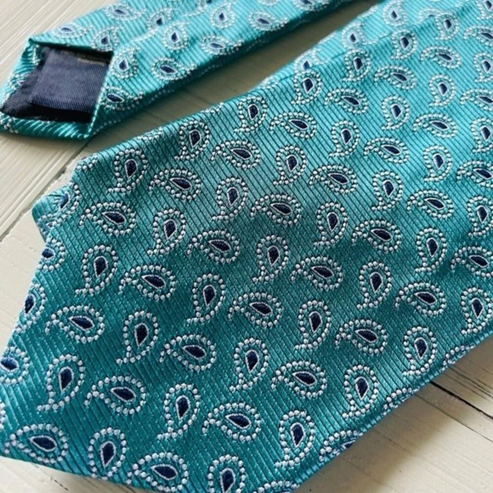 Brooks Brothers  “Tossed Pine“ Beautiful Imported Teal Silk Necktie Made In USA
